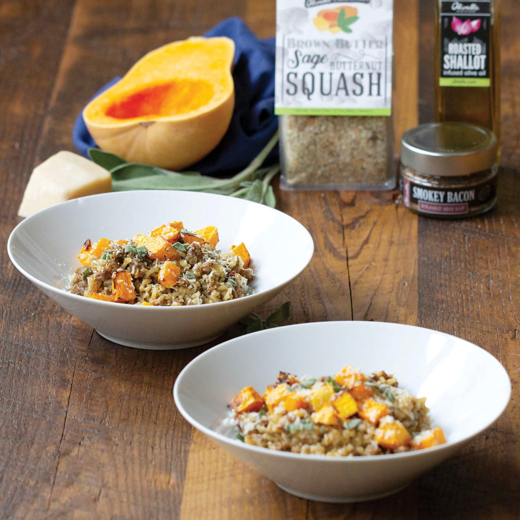 BROWN BUTTER SAGE BUTTERNUT SQUASH RISOTTO WITH SAUSAGE AND ROASTED SQUASH