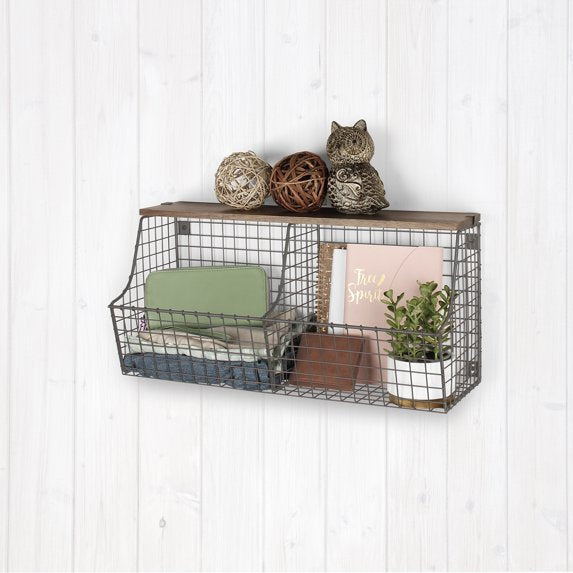 Wall Mount Double Storage Bin Wood Shelf