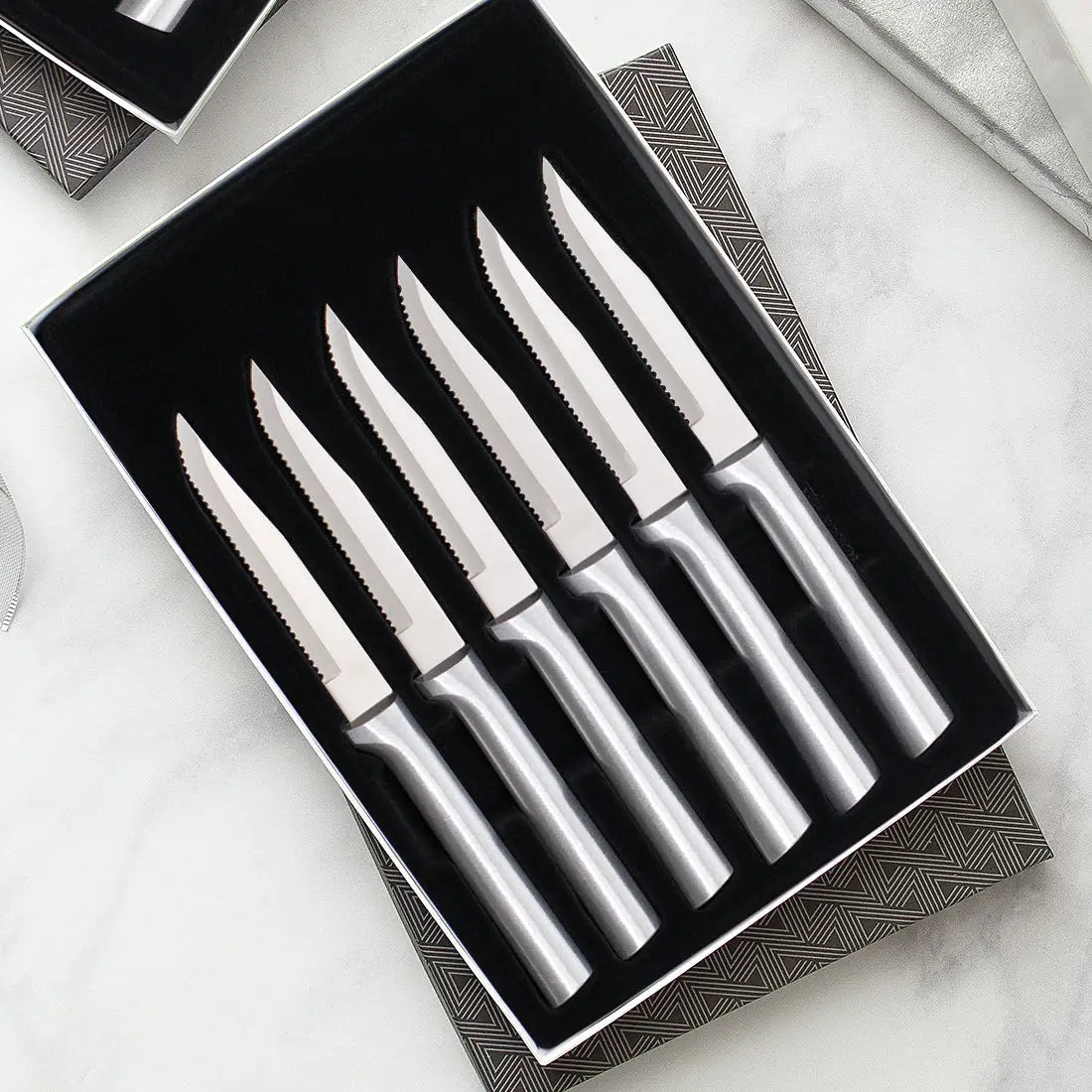 Six Serrated Steak Knives Gift Set | Silver Handle