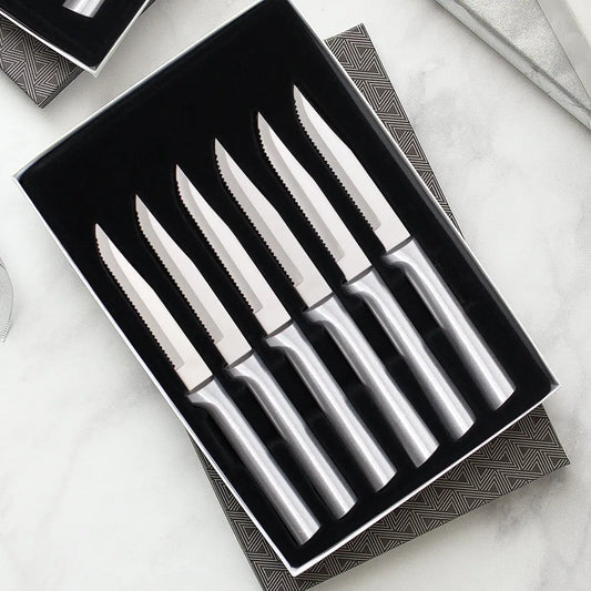 Six Serrated Steak Knives Gift Set | Silver Handle
