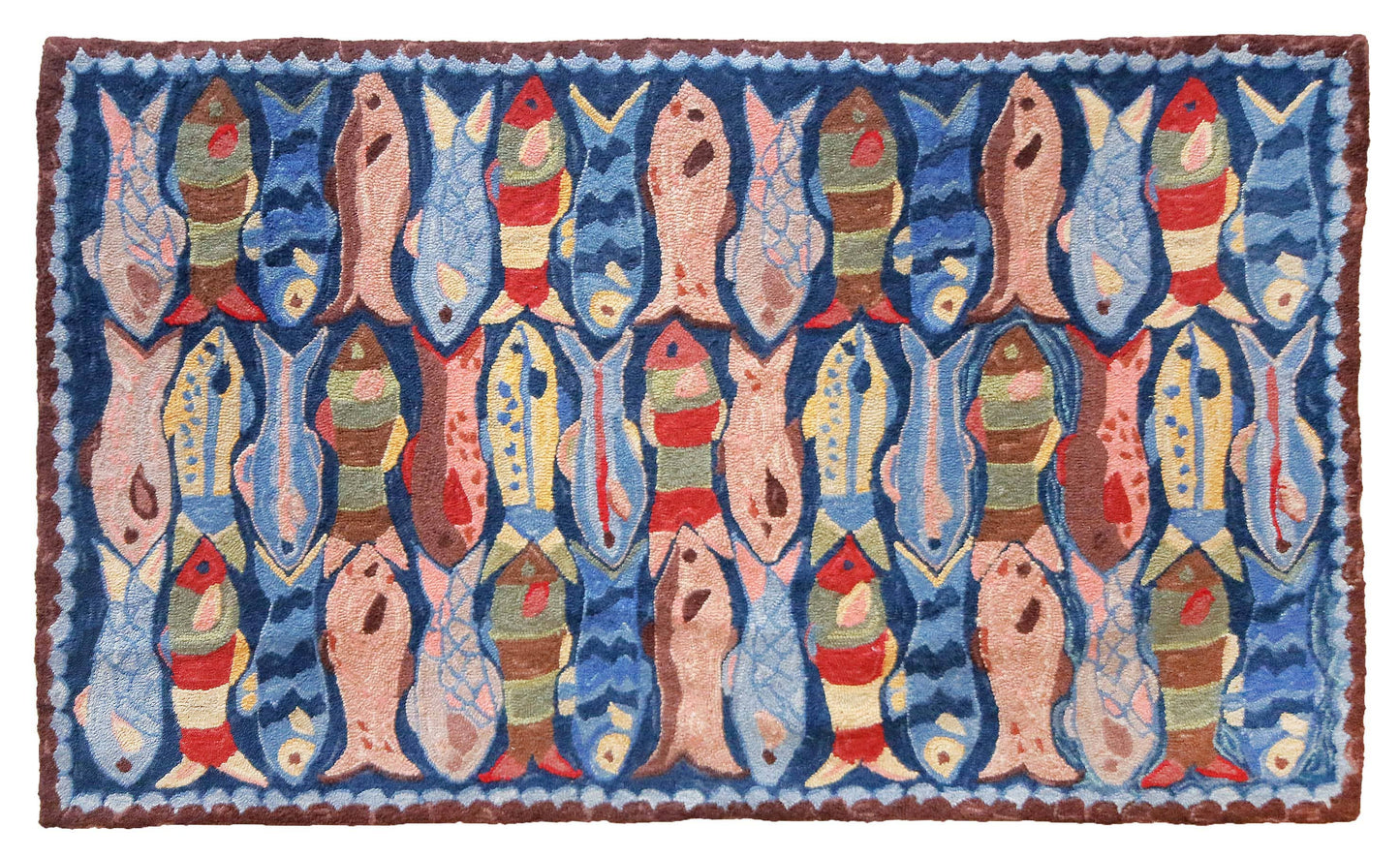 Swimming Fish Hooked Rug Wool 3' Round