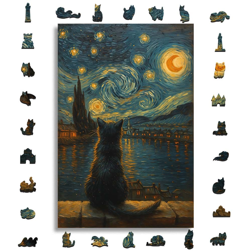 Cat Starry Night - Wooden Jigsaw  Puzzle