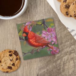 "Cardinal On Pink Flowers" Square House Coaster