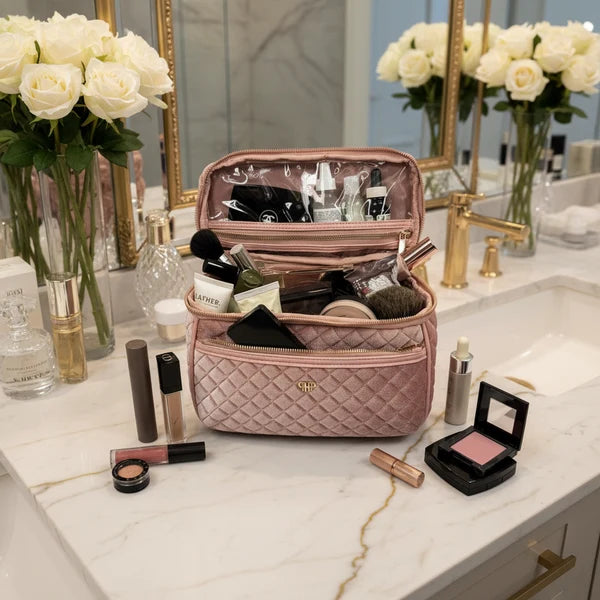 Train Case-Blush Velvet Quilted