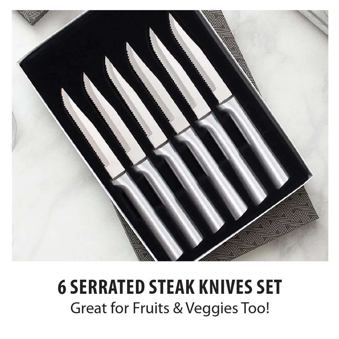 Six Serrated Steak Knives Gift Set | Silver Handle
