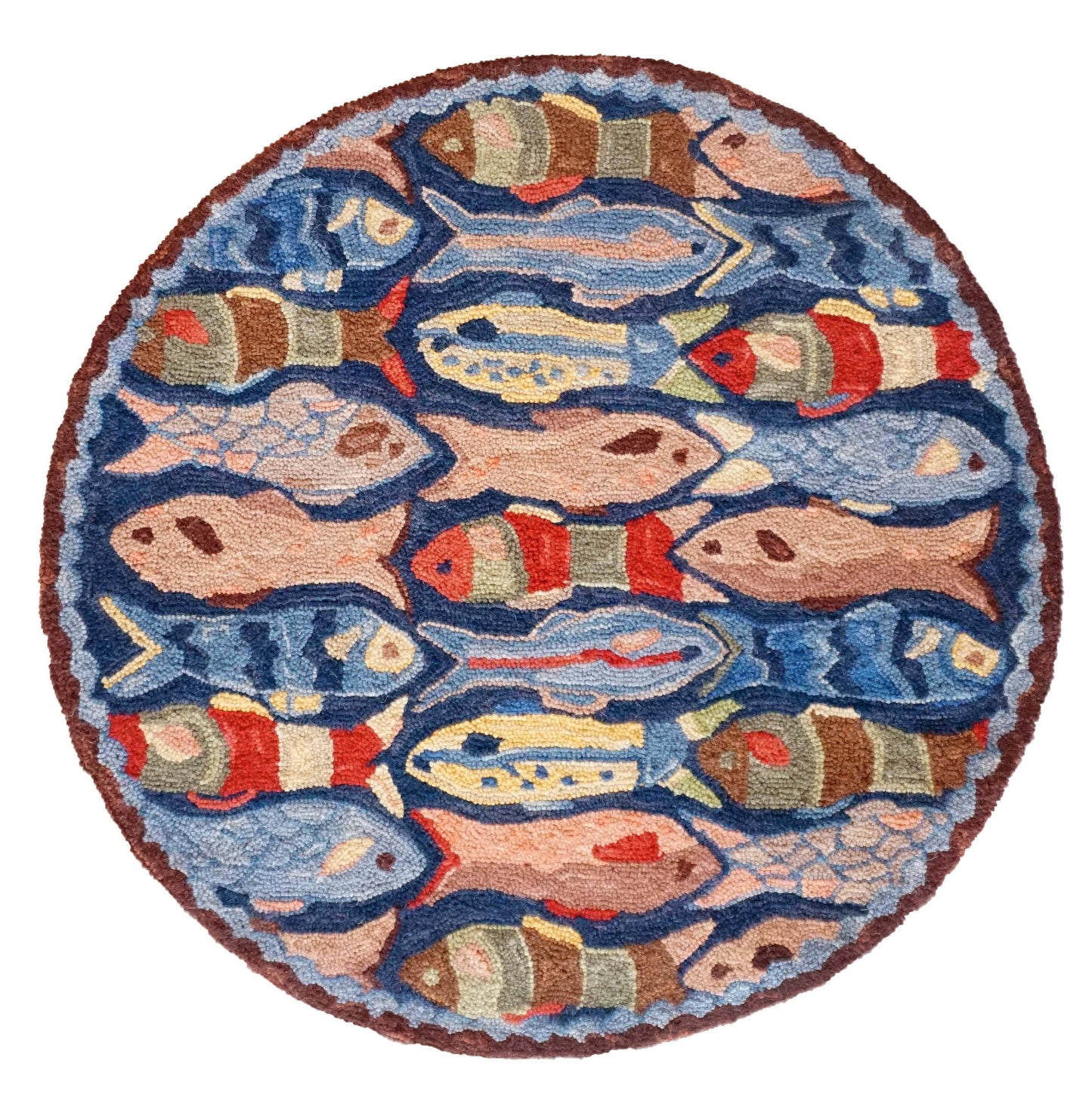 Swimming Fish Hooked Rug Wool 3' Round