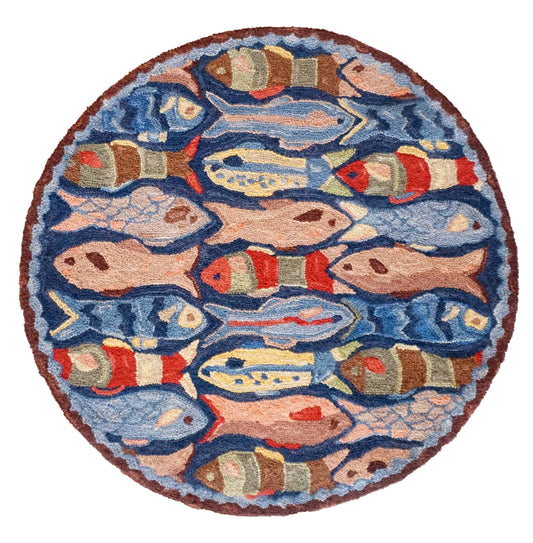 Swimming Fish Hooked Rug Wool 3' Round