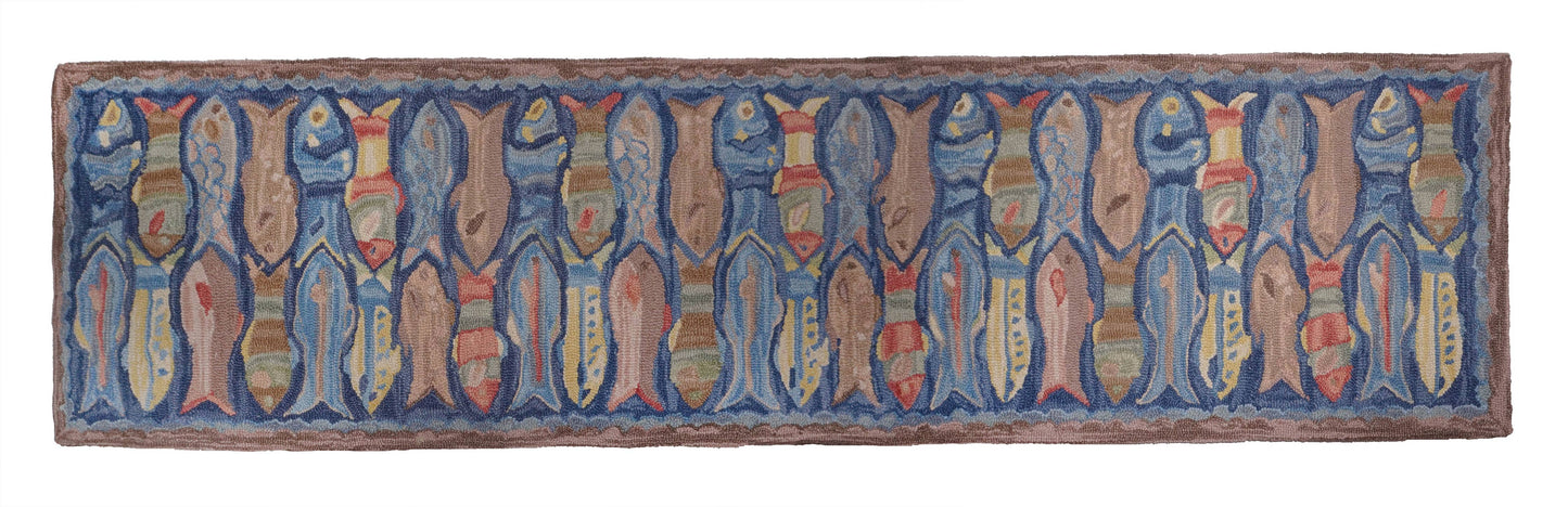 Swimming Fish Hooked Rug Wool 3' Round