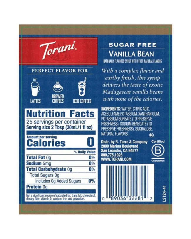 Torani | Vanilla Bean Sugar Free 750ml